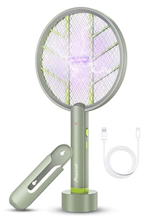 ASPECTEK Raqueta Mosquitos Electrica Nueva versión, Mata Moscas 3000 V 1200 mAh Recargable con Base Estable, Raqueta Matamoscas e Insectos voladores, Repelente Mosquitos