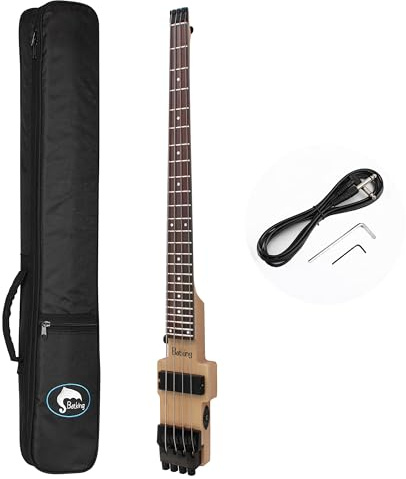 Batking Reise-Bassgitarre, Headless-E-Bass, 4 Saiten in schwarzer Farbe mit Gigbag (Natur, 4 Saiten)