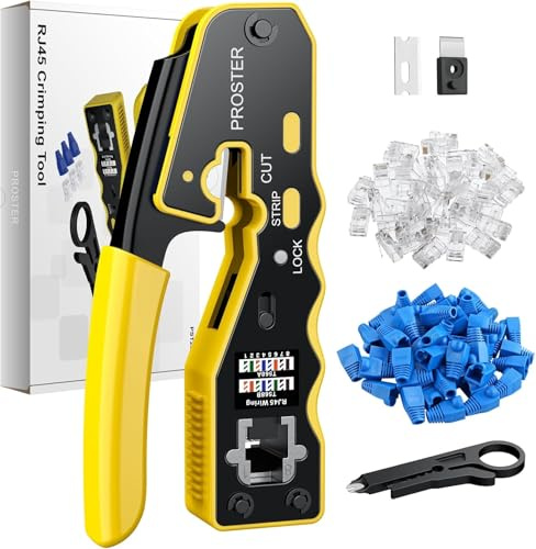 Proster RJ45 Crimpzange Netzwerkkabelzange Stecker Netzwerk Werkzeug für RJ45 Cat6 Cat5 Cat5e mit 50 Stück Cat6 Pass-Through Steckverbindern und Schutzabdeckungen, 1 Stück Drahtschneider-Gelb