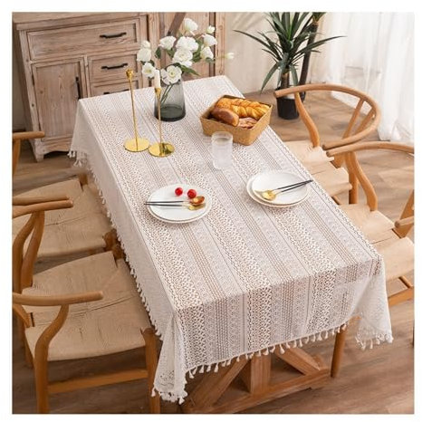 Epinki Tischdecken 150x260CM, Tischtuch Hohl Spitze Blumen mit Quaste Baumwolle, Küchentischabdeckung Tischdekoration für Drinnen Draussen Garten Esszimmer, Beige