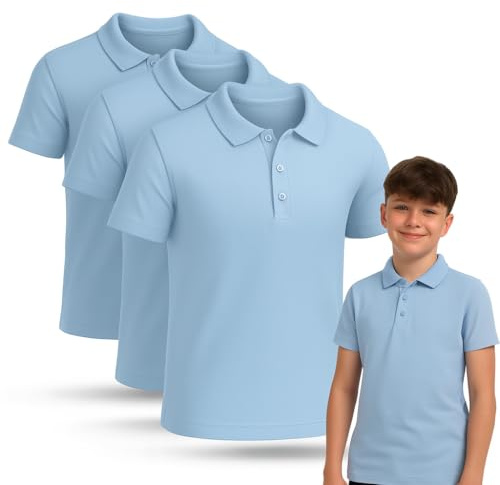 NOROZE 3 Pack 100% Cotton Polo School Shirts for Boys and Girls (Age 5-13 Years) – Standard Fit Plain Kids T Shirt with Stand Up Collar, Short Sleeve School Uniform & Sports Wear Sky Blue