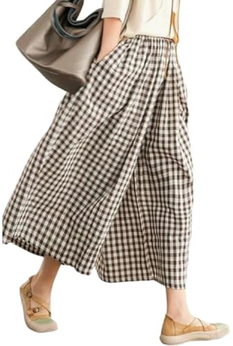 FeMereina - Pantalones capri de mujer con cintura elástica de lino de algodón, a cuadros, patrón Vichy, pierna ancha, pantalón capri palazzo, a cuadros, pantalón capri culotte con bolsillo lateral