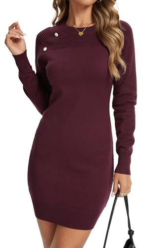 YUTILA Robe en tricot pour femme - Robe pull - Couleur unie - Col rond - Mini robe automne hiver - Manches longues, rouge, M