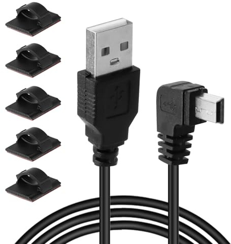 3.5M Extra Long Mini USB Cable, 90 Degree Right Angle USB 2.0 Male to Mini USB 5 Pin Male Cable With 5pcs Wiring Clips 5V 2A Data Sync Charge Cord for Nextbase Dash Cam GPS Navigator DVR Camera