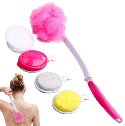 Bade-Körperbürsten-Set, langer Griff, Duschbürste, rutschfest, faltbar, Rücken-Badebürste mit 4 Bürstenköpfen, Rücken-Badebürsten-Set für Dusche, abnehmbarer Rücken