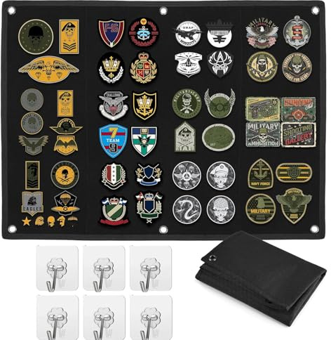 FAINCA Tablero de ExhibicióNde Parches de TáCticos, 60x45cm Parches Militares Exhibición, con 6 Ganchos Autoadhesivos, Ojales Parches De Pared con, para Insignias, Parches (Negro)
