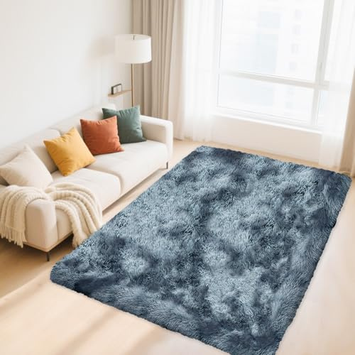 Hochflor Teppich Wohnzimmer 120x160cm, Tie-Dye Langflor Teppich für Flauschige Schlafzimmer, Modern Shag Plüsch Wohnzimmerteppich Bettvorleger High-Pile Carpet rutschfest für Kinderzimmer, Blau-Grau