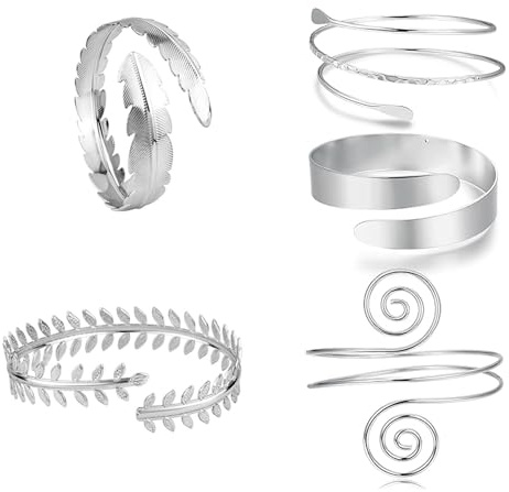GJNMYSD 5 Pcs Upper Arm Cuff Silver for Women Adjustable Arm Bangle Bracelets Set Boho Upper Arm Bands Jewellery for Minimalist