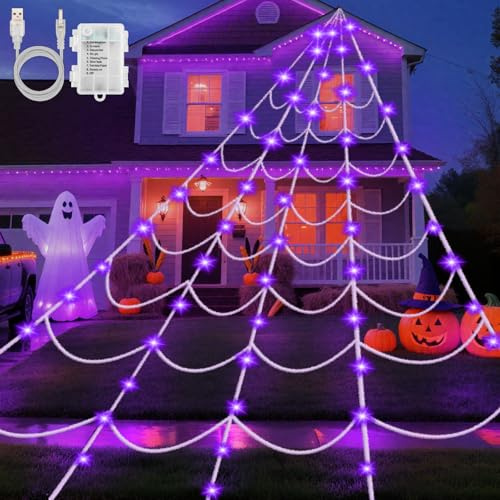 Gcstnn Catena luminosa decorativa per Halloween, con ragnatele, 6 x 5 m, 150 LED, viola, grande rete di luci USB/batteria con timer, 8 modalità, impermeabile, per terrazze, giardino, casa infestata