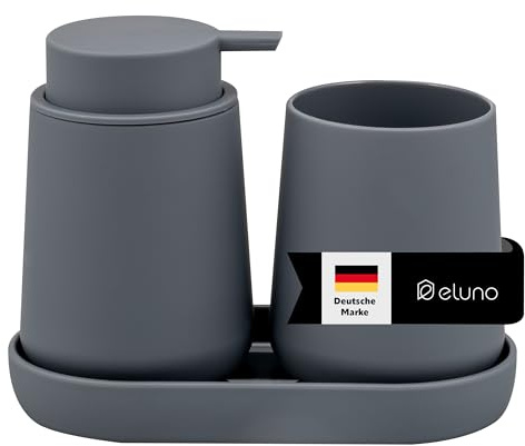 eluno Badezimmer-Set TESERO mit Soft-Touch Oberfläche, Bad-Accessoires Set 3tlg. bestehend aus 1x Seifenspender, 1x Becher und 1x Schale, ideal für Badezimmer und Küche aus Kunststoff (Grau)