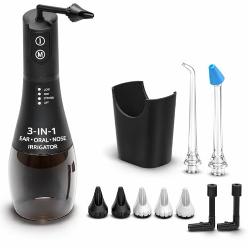 Electric 3-in-1 Ear Nose and Oral Irrigator with 5 Pressure Modes and Auto Timer, Ear Wax Removal Water Flosser and Nasal Rinse System, 6 Nozzles, Basin, Dust Bag, Charging Cable, Waterproof