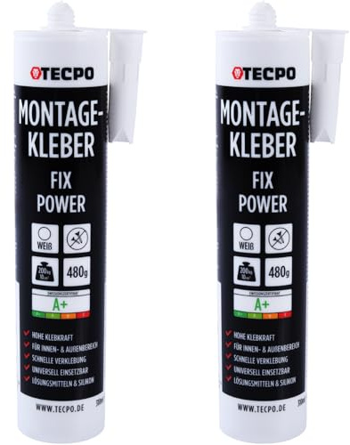 TECPO Montagekleber Fix Power, 2X 480g Universal Baukleber Kartuschen Kraftkleber 200kg 10 cm² für Akustikpaneele, Styropor, Sockelleite Innen und Außen schnelle Verklebung ohne Grundierung