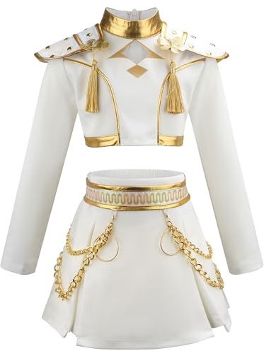 Kolegrial Déguisement Zoey Filles Cosplay Démon Chasseur Zoey Blanc Performance Show Uniforme Top et Jupe Set 2 Pièces pour Carnaval Halloween Party Anniversaire Masquerade Costume, 4-15 ans