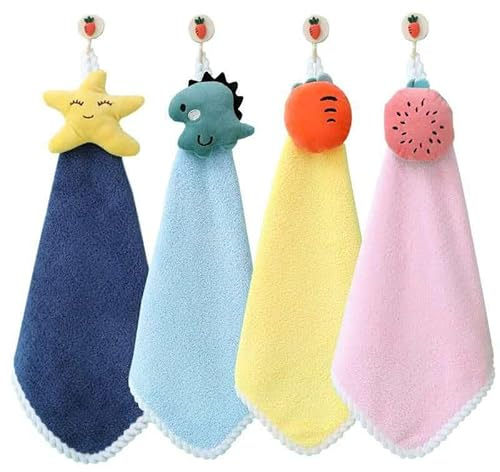 4 Pcs Cute Handing Hand Towels, 45cm Decorative Hanging Kitchen Bathroom Towels with Star Dinosaur Carrot Watermelon Design, Navy Blue Pink Yellow (Cute Kitchen Hand Towel Set)