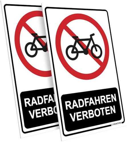 PRINTIMA 2x Schild „RADFAHREN VERBOTEN“ 21x32 cm – PVC Verbotsschild wetterfest & UV-beständig, inkl. Dübel, Fahrradfahren untersagt für Wege, Anlagen, Einfahrten & Außenbereiche