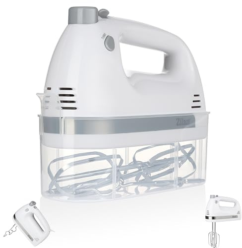 Zilan Handmixer 500W mit Ständer – Elektrischer Handrührer mit 5 Geschwindigkeiten + Turbo, Leise Küchenmaschine mit 2x Rührhaken & 2x Knethaken, Leistungsstarker Mixer für Teig, Sahne und Backen