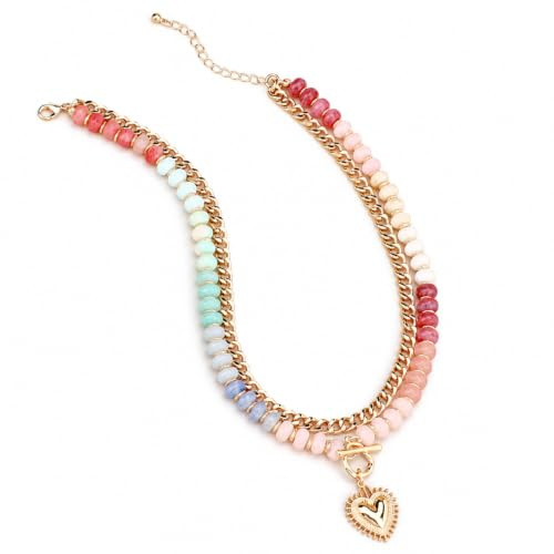Mikovivi Chunky Beaded Heart Necklace for Women, Colorful Beaded Choker with Gold-Tone Heart Pendant & Chain Stackable Trendy Jewelry for Summer Beach Gift