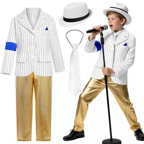 Disfraz Rey del Pop para Niño, Chaqueta y Pantalón Lentejosos Estilo Años 80-90, Conjunto Chaqueta a Rayas y Pantalón Dorado Lentejoso, Accesorios Completos Infantiles para Halloween Carnaval