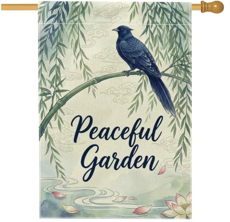 Bandera de casa de pájaros, planta de naturaleza asiática, lirio de agua, primavera, arpillera azul de doble cara, bandera de jardín grande para patio, patio, césped, entrada, balcón, 28 x 40 pulgadas