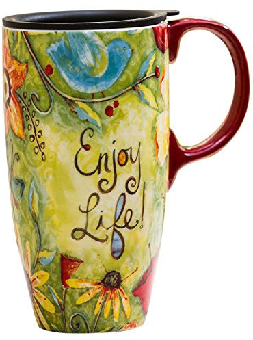CEDAR HOME Coffee Ceramic Mug Porcelain Latte Tea Cup With Lid 17oz. Enjoy Life