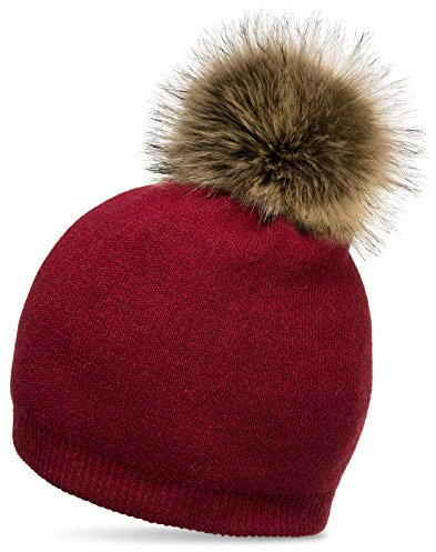 Caspar MU187 elegante Damen Feinstrick Mütze Bommelmütze mit Fellbommel, Farbe:weinrot, Größe:One Size