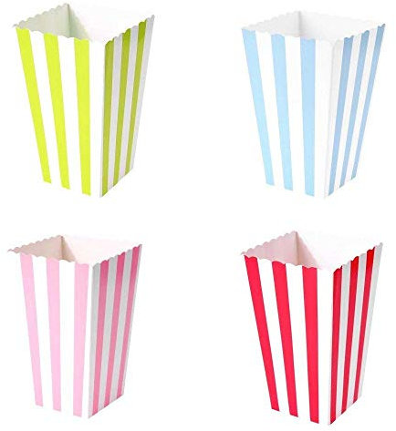 JZK 48 Righe Piccole scatole Pop Corn Carta Contenitore per Popcorn Patatine Caramelle spuntini stuzzichini per bomboniere regalino pensierino Festa Compleanno Bambini, Rosa Blu Rosso Verde