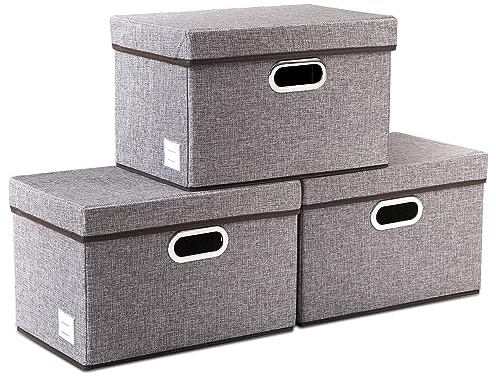 Prandom Caja de almacenamiento plegable con tapa[Paquete de 3],cajas almacenaje decorativas,Contenedor organizador de lino con asa,gris(38x25x25cm)