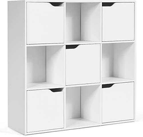 COSTWAY Bücherregal mit 5 Türen und 9 Fächern, Standregal, Büroregal freistehend, Aufbewahrungsregal für Wohnzimmer, Schlafzimmer, 90 x 29 x 90 cm, Weiß