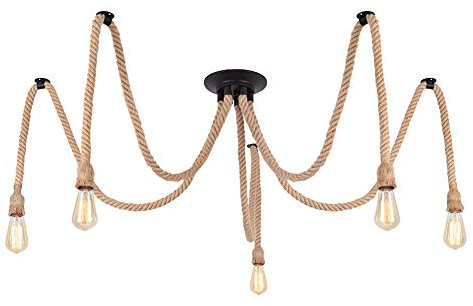 DIY Hemp Rope Retro Industrial Chandelier,Industrial 5 Lights Pendant Light Fitting,Retro E27 Edison Style Lamp/Living Room Restaurant Pendant Lights/Light Fixture,5 Lights(lampbulb is not Included)