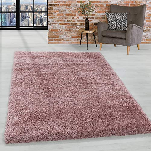 HomebyHome Shaggy Hochflor Teppich Rosa 80x150 cm Extra Weich & Waschbar Jute Rückseite für Fußbodenheizung, Einfarbig & Flauschig für Wohnzimmer & Schlafzimmer