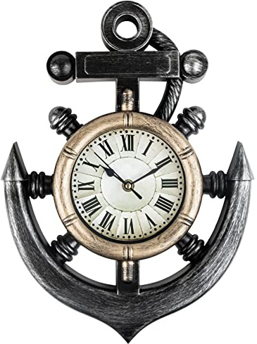 Timely Furnishings Anchor and Boat Wheel Wall Clock, Rustic Nautical Coastal Beach or Sea Theme Home Décor Silent, Non Ticking Sweep Movement