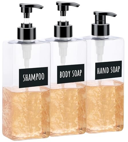 Segbeauty Transparente Quadratische Flasche, 500 ml 3er Set Lotionspender mit Wasserdichtes Etiketten, Kunststoff Seifenspender mit Pump für Badezimmer, Shampoo Spülmittelspender zum Befüllen