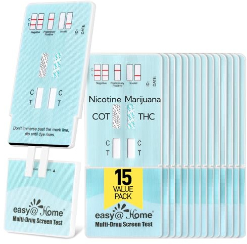 Easy@Home Multi-Drug Screen Test, 15 Pack Marijuana Nicotine Urine Drug Test Kits, Testing for THC and Nicotine Metabolites Cotinine(COT) in Urine, Accurate Home Drug Testing Kits, EDOAP-124