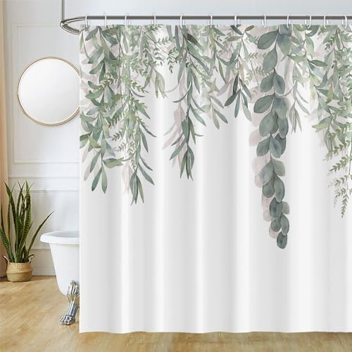 Uiiooazy Duschvorhang 180x220cm Anti Schimmel Grün Eukalyptus Textil | Duschvorhang Salbeigrün Blätter Pflanzen Wasserdicht Waschbar Stoff Polyester Bad Vorhang mit 12 Haken für Badezimmer