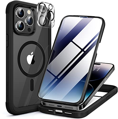 Miracase Magnetic for iPhone 14 Pro Case, [Compatible with MagSafe] [Built-in Tempered Glass Screen Protector] Full-Body Rugged Protective Case with Camera Lens Protector (Black) | Compatible with Magsafe,[Bubble Free] Tempered Glass Screen,Full-Body Rugged Protective Case with Lens Protector, 6.1,Black