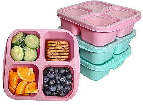 MEEYUU 4 Pack Snack Containers, 4 Compartments Bento Snack Box, Reusable Meal Prep Lunch Containers for Kids Adults, Divided Food Storage Containers for School Work Travel (2 x Pink & 2 x Green)