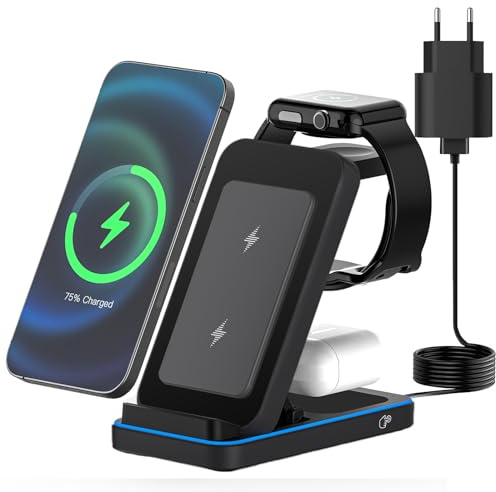 JOEAIS 3-in-1 Induktive Ladestation, Wireless Charger für Apple-Geräte mit Adapter, 15W Max Fast Multifunktions-Handy Kabelloses Ladegerät für iPhone/Samsung/Apple Watch/Apple Ohrhörer (Schwarz)
