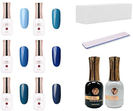 CÔEM - Premium Nagellack Set für UV-Lampe 6 Farben inkl. 1 Base, 1 Top Coat, 1 Buffer, 1 Nagelfeile - Langanhaltend & schnelltrocknend - Gellack Shellac professioneller Look - Gel Nail Polish Blau