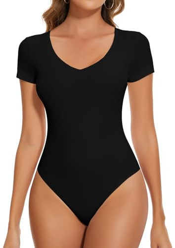 SHAPERIN kortärmad body dam rund hals body ribbad t-shirt topp bodysuit tanga underbody, V-ringad svart, L