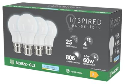 B22 Bayonet LED Bulb, Daylight 6500K, 60W 60 Watts Equivalent, 7.3W B22 GLS Bulbs, Light Bulbs, Last up to 25000 Hours, 806 Lumen, Non-Dimmable, Pack of 4