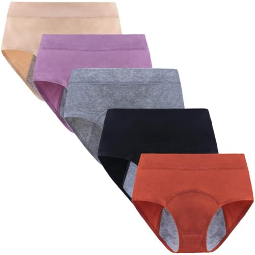 Anntry Pantalones de período para Mujer, Ropa Interior posparto de Cintura Media Alta, Braguitas de algodón Menstrual a Prueba de Fugas, Paquete de 5 (Debe Usar con Almohadilla o tampón)