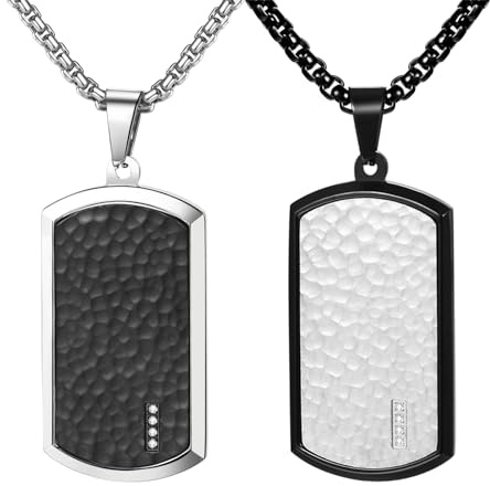 JewelryWe Dog Tag Kette Herren: 2 Stück Gehämmert Hammerschlag Look Edelstahl Zirkonia Militär Erkennungsmarke Hundemarke Dogtag Anhänger Halskette mit Gravur Geschenk für Männer Jungen