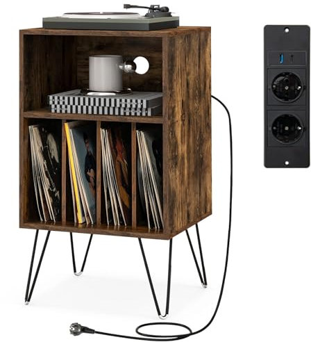 COSTWAY Meuble Tourne-Disque Vinyle avec Prise,Table d’Appoint avec Station de Charge,2 Prises,1 USB,1 Type-C,Pieds en Métal,Bout de Canapé,Support Tourne-Disque pour Salon Chambre(Marron Rustique)