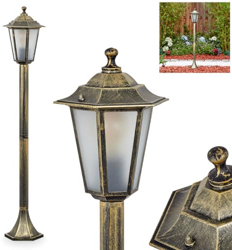 Lampada da esterni Loria, lampada da sentiero in metallo/vetro color oro/vetro smerigliato, dischi intercambiabili trasparenti, lampada da esterno in look antico, altezza 99 cm, illuminazione da