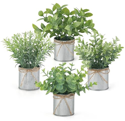 Mkono 4 Packs Small Fake Plants in Farmhouse Galvanized Pots Table Centerpiece Mini Potted Artificial Plants Faux Eucalyptus for Shelf Office Rustic Home Decor (Gray, Mini-6 H)