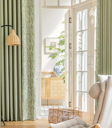 KnSam 2er Set Grün Vorhang Motiv Blickdicht, Vorhang Gardine Verdunkelnd Jacquard Blumen, Chenille Ösen Fenstervorhänge Wohnzimmer Ösenvorhänge Blickdicht, Jeder B 132 x H 115cm