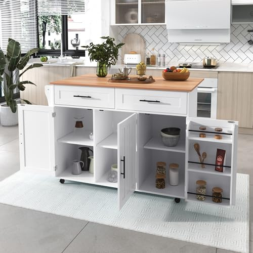 KecDuey Küchenwagen,Kücheninsel auf Rollen mit klappbarer Arbeitsplatte,129 x 71 x 91,5 cm großer Speisewagen Sideboard, Arbeitsplatte mit Massivholzmaserung,Aufbewahrungstür-Design (Weiß)