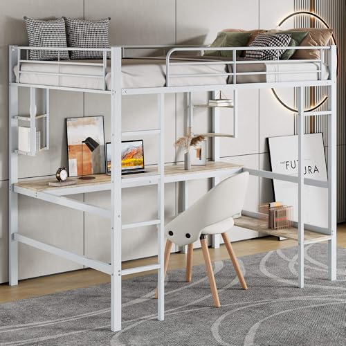 YCYDHDM Hochbett Metallbett 90 x 200 cm mit Schreibtisch und 4 Regalen, Etagenbett mit Lattenrost und Bücherregal, Bett für Kinder, Jugendliche und Erwachsene, Bettgestell aus Metall, Weiß