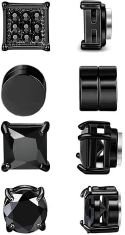 4 Pairs Stainless Steel Magnetic Earrings, Magnetic Zirconia Earrings for Men Women, Magnetic Clip On Stud Earrings, Round/Square CZ Inlaid Magnetic Earrings, Non-Piercing Stud Earring (Black A)