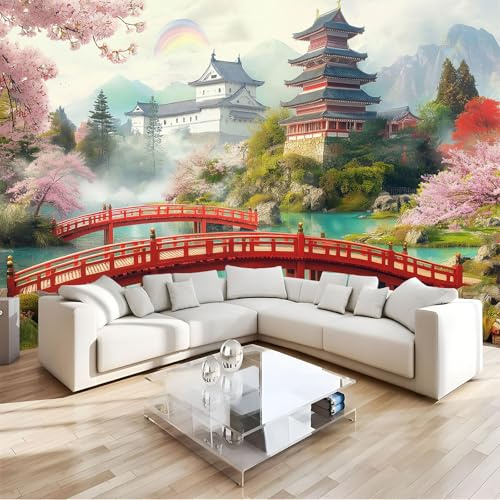 JEDTAKCT Papier Peint Panoramique 3D Temple des Cerisiers en Fleurs 400X280Cm - Tapisserie Murale Japonaise pour Salon et Chambre Décoration